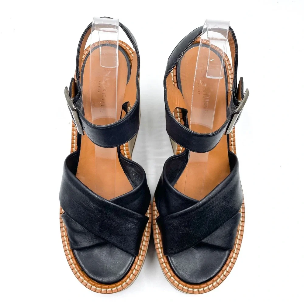 Clergerie Noemi Platform Wedge Sandals Black Leather Criss Cross‎ Sz 40.5 / 10